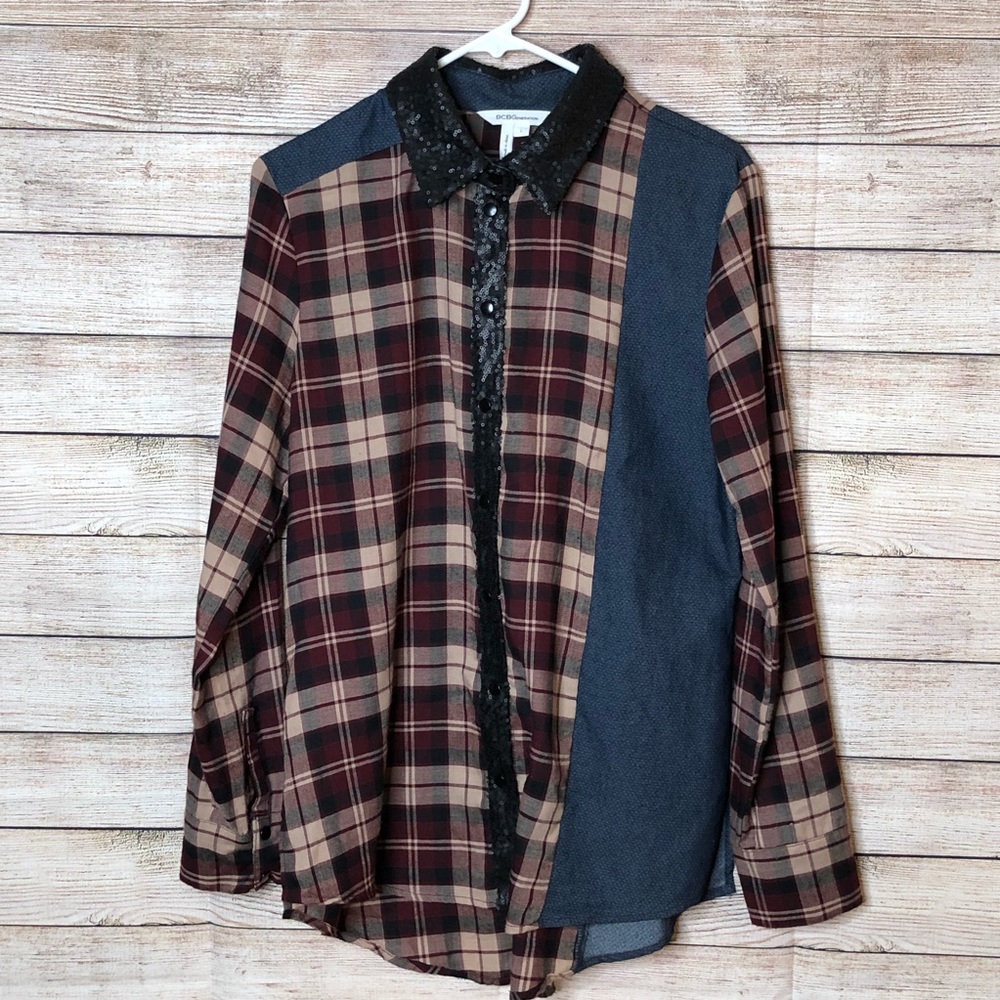 BCBGeneration Sequin Plaid Button Down